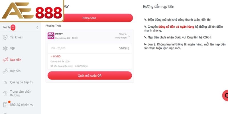 Ví điện tử nạp tiền AE888 xác nhận nhanh ổn